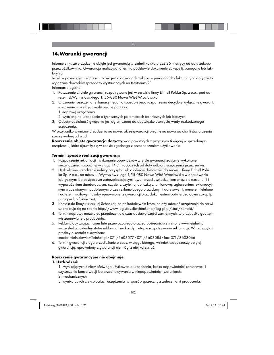 Warunki gwarancji | Florabest FBS 43 A1 User Manual | Page 102 / 122