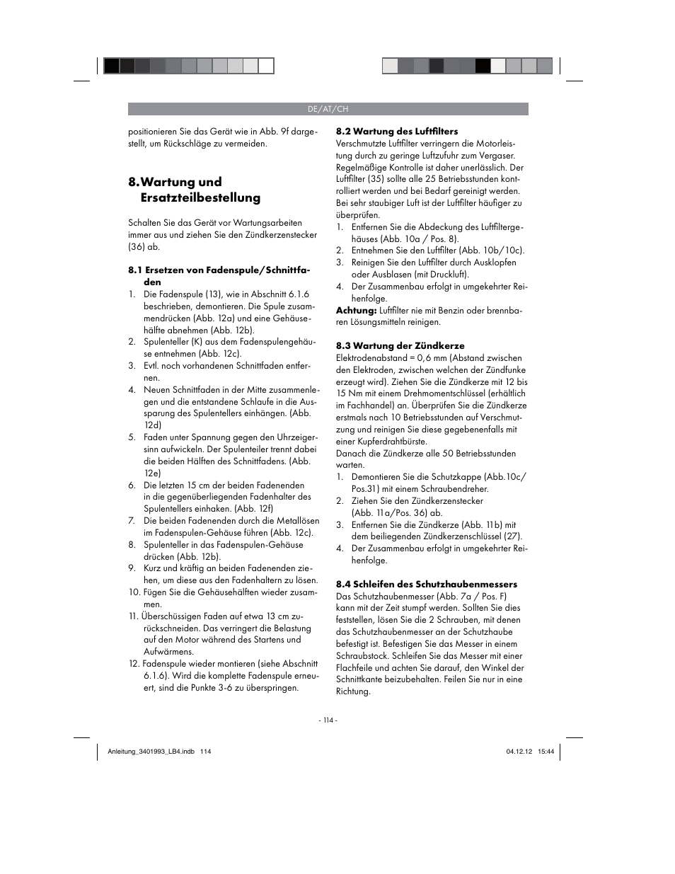 Wartung und ersatzteilbestellung | Florabest FBS 43 A1 User Manual | Page 114 / 122