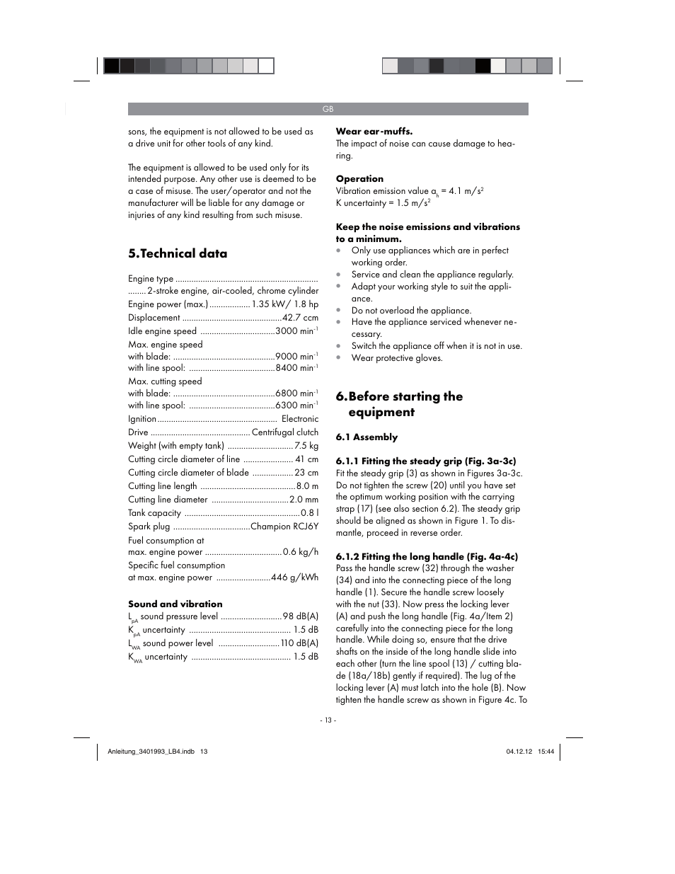 Technical data, Before starting the equipment | Florabest FBS 43 A1 User Manual | Page 13 / 122