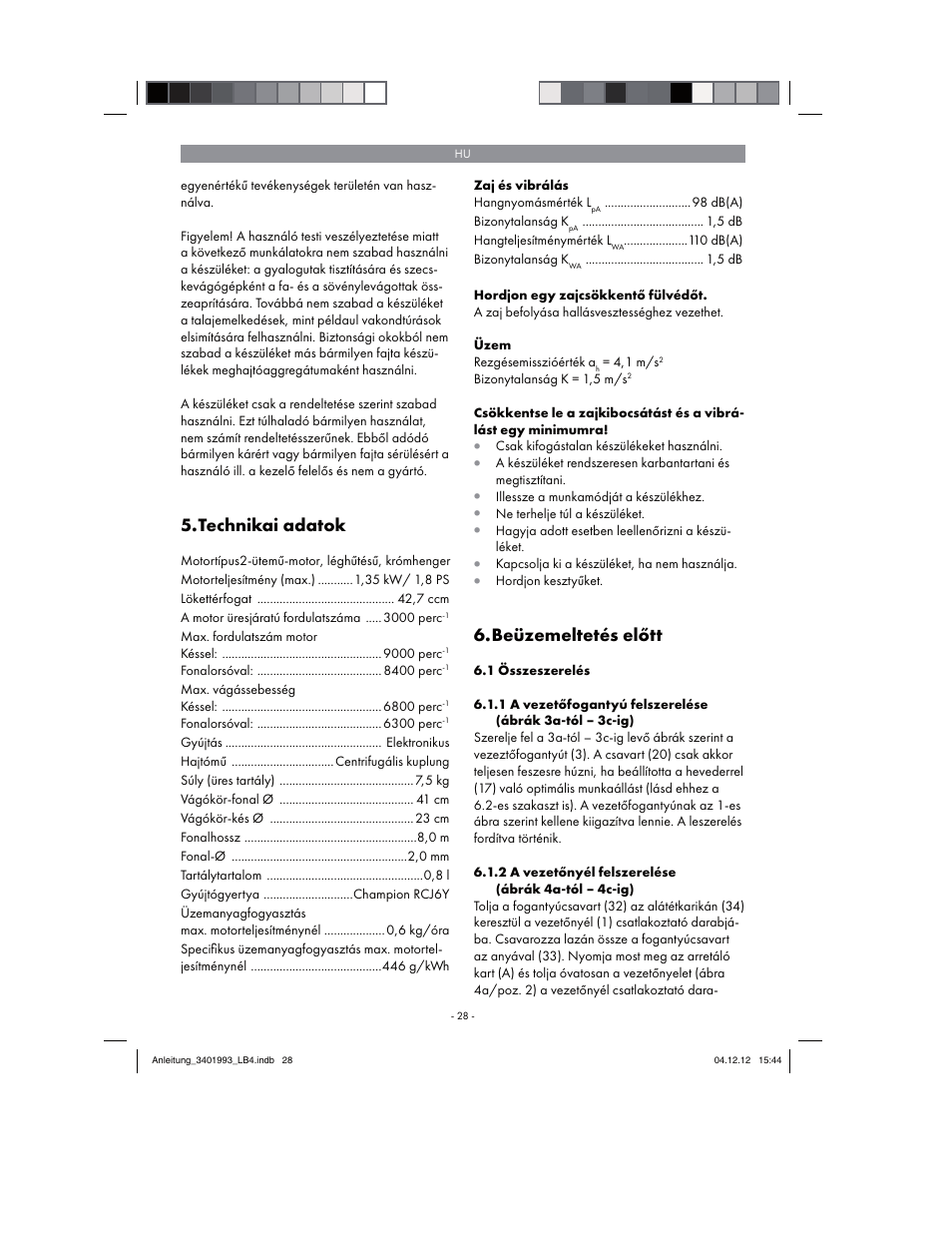 Technikai adatok, Beüzemeltetés előtt | Florabest FBS 43 A1 User Manual | Page 28 / 122