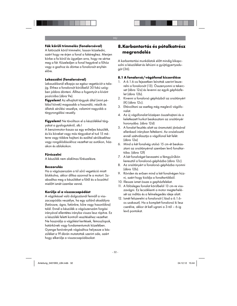 Karbantartás és pótalkatrész megrendelés | Florabest FBS 43 A1 User Manual | Page 32 / 122