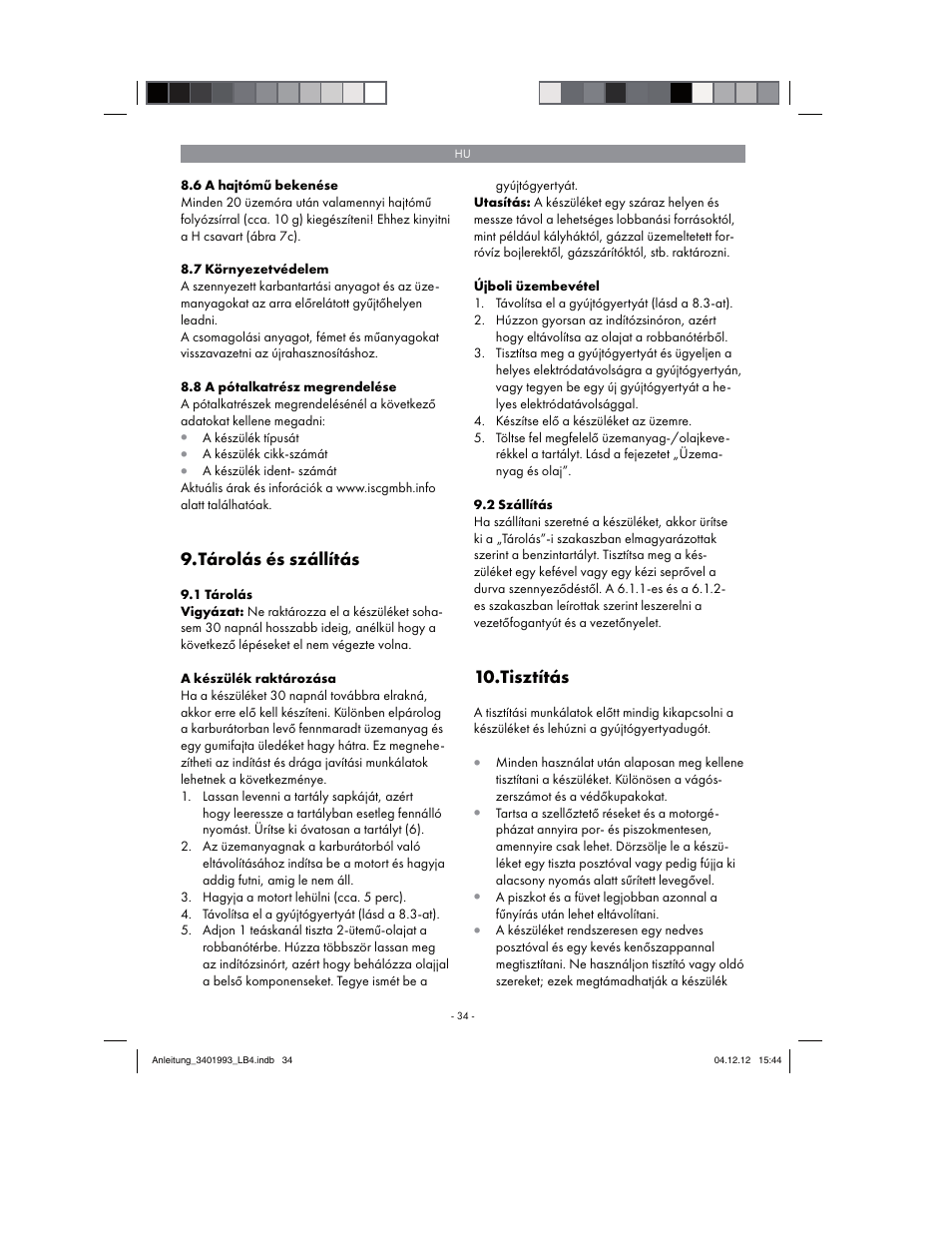 Tárolás és szállítás, Tisztítás | Florabest FBS 43 A1 User Manual | Page 34 / 122