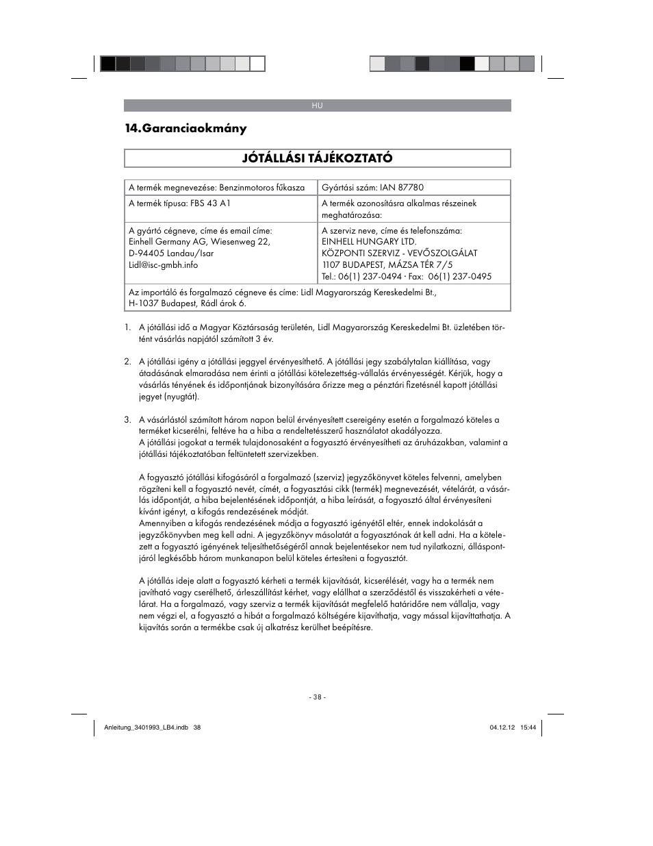 Garanciaokmány jótállási tájékoztató | Florabest FBS 43 A1 User Manual | Page 38 / 122