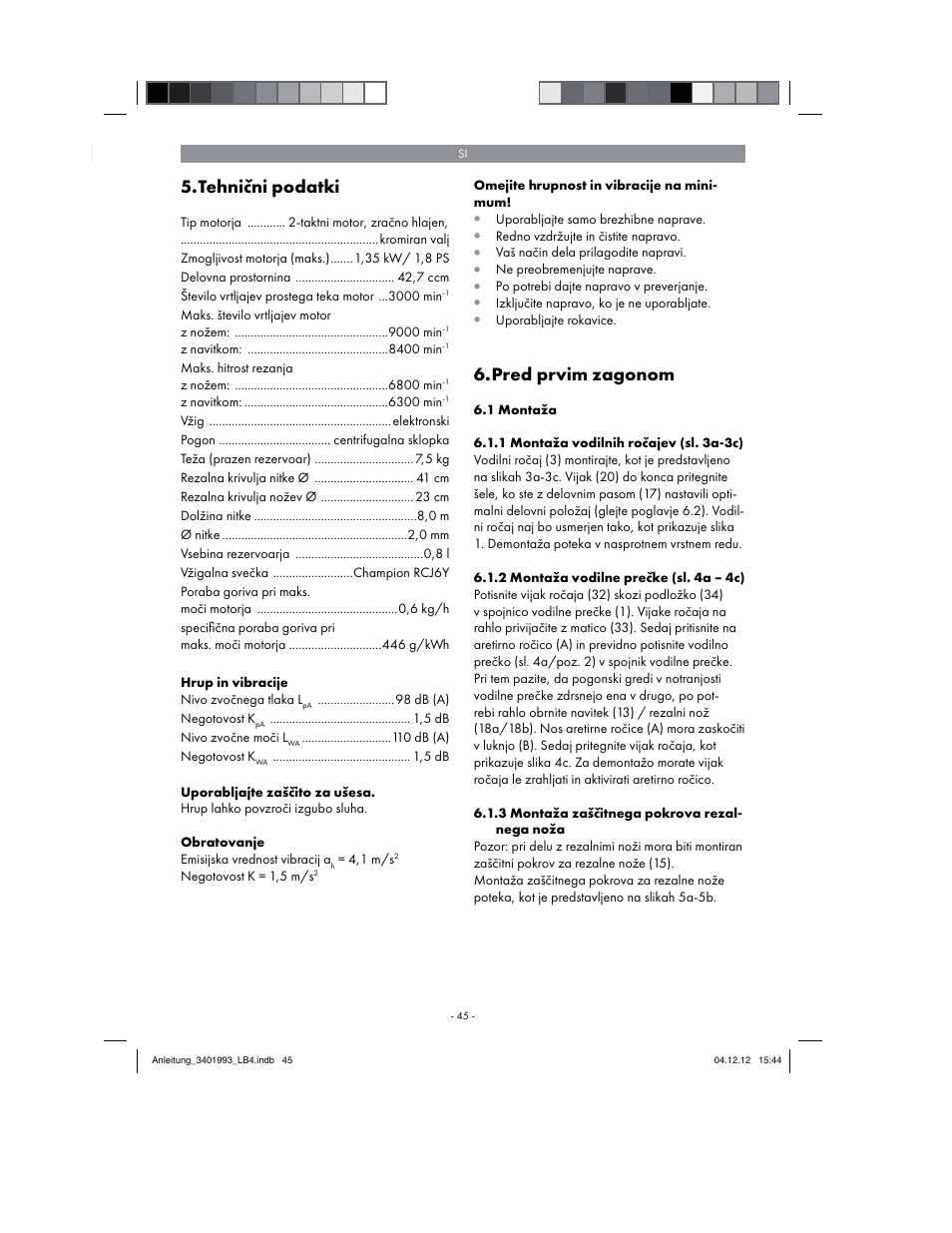 Tehnični podatki, Pred prvim zagonom | Florabest FBS 43 A1 User Manual | Page 45 / 122