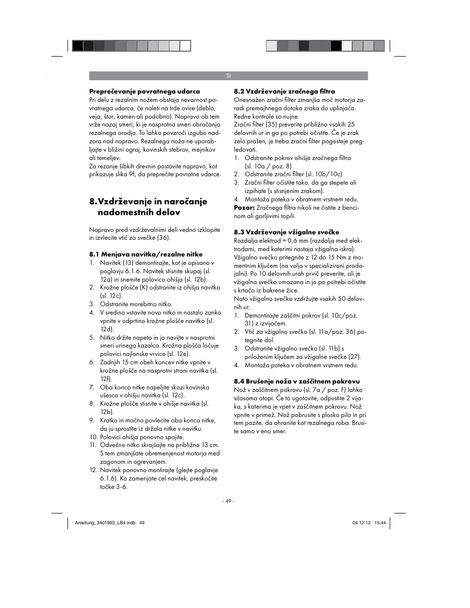 Vzdrževanje in naročanje nadomestnih delov | Florabest FBS 43 A1 User Manual | Page 49 / 122