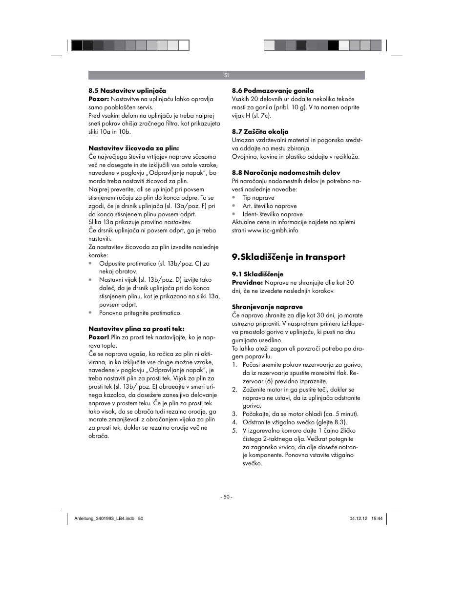 Skladiščenje in transport | Florabest FBS 43 A1 User Manual | Page 50 / 122