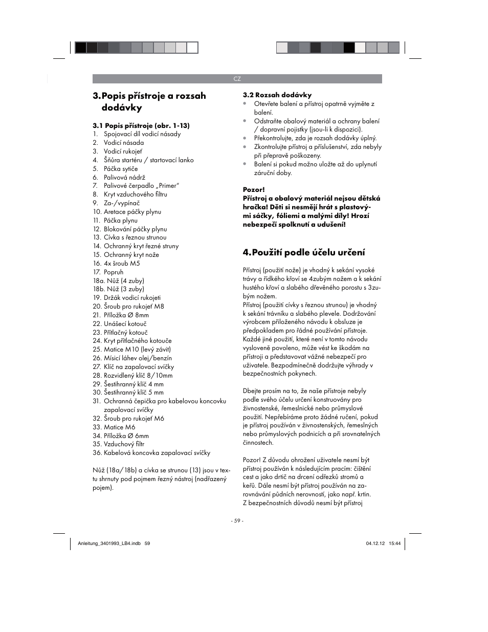 Popis přístroje a rozsah dodávky, Použití podle účelu určení | Florabest FBS 43 A1 User Manual | Page 59 / 122