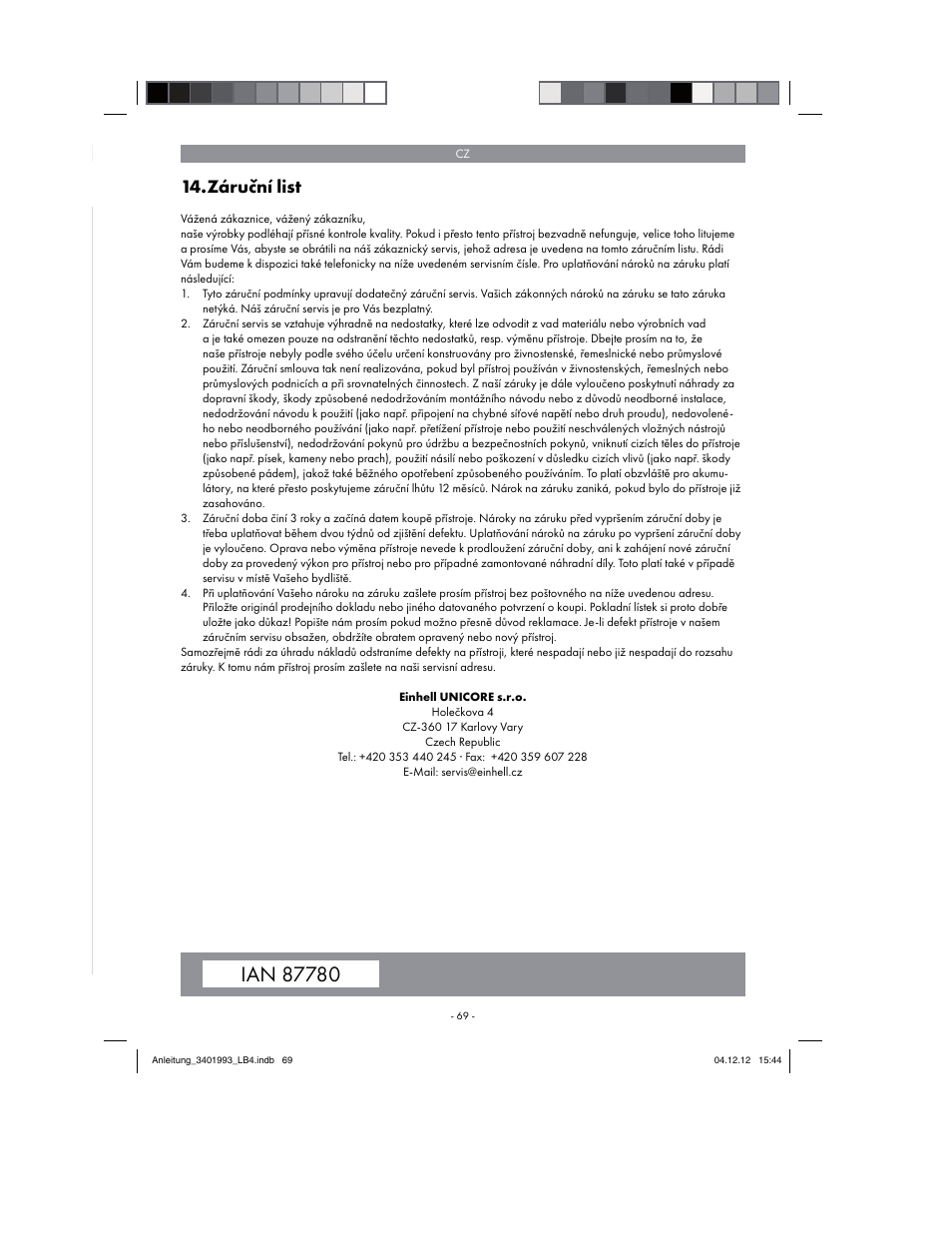 Záruční list | Florabest FBS 43 A1 User Manual | Page 69 / 122
