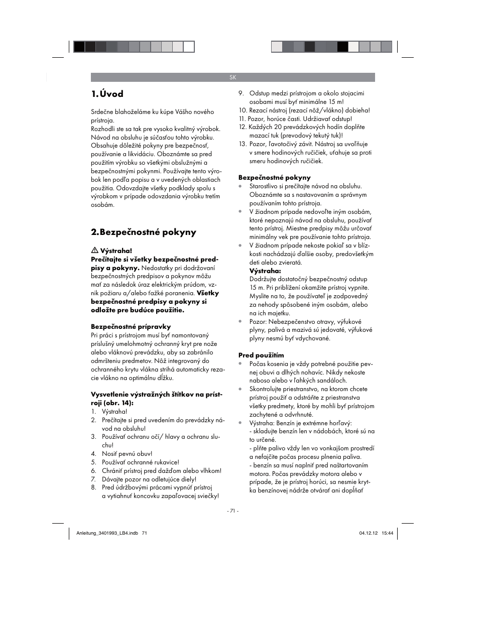 Úvod, Bezpečnostné pokyny | Florabest FBS 43 A1 User Manual | Page 71 / 122
