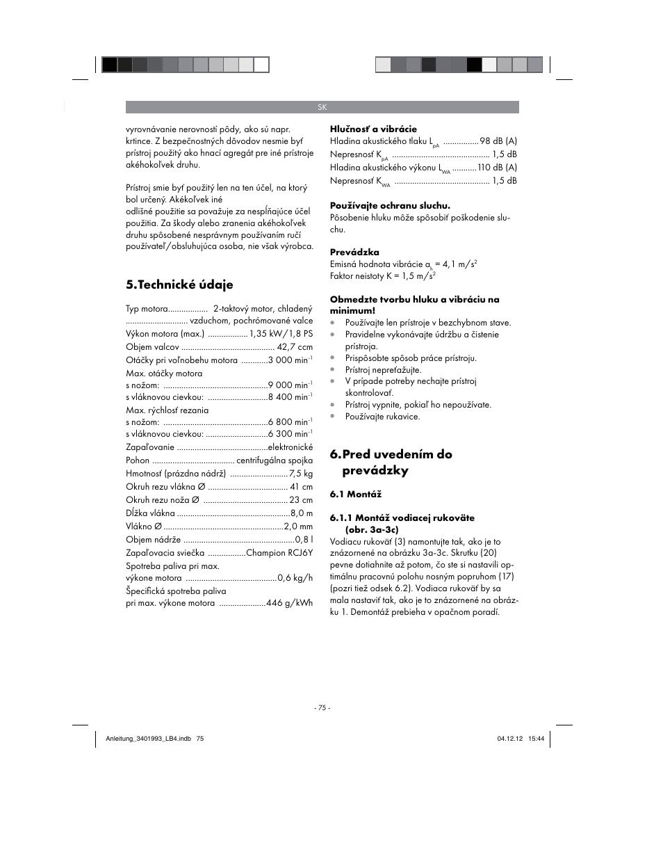 Technické údaje, Pred uvedením do prevádzky | Florabest FBS 43 A1 User Manual | Page 75 / 122