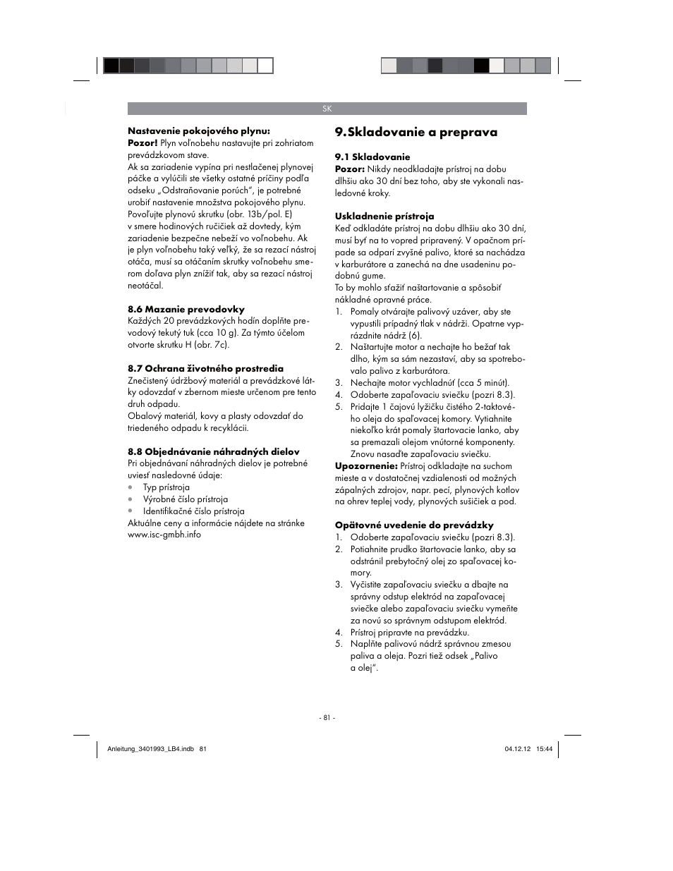 Skladovanie a preprava | Florabest FBS 43 A1 User Manual | Page 81 / 122