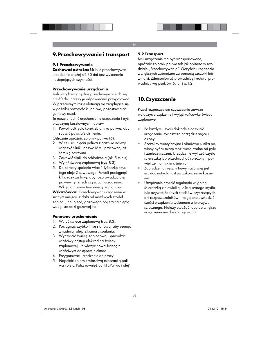 Przechowywanie i transport, Czyszczenie | Florabest FBS 43 A1 User Manual | Page 98 / 122