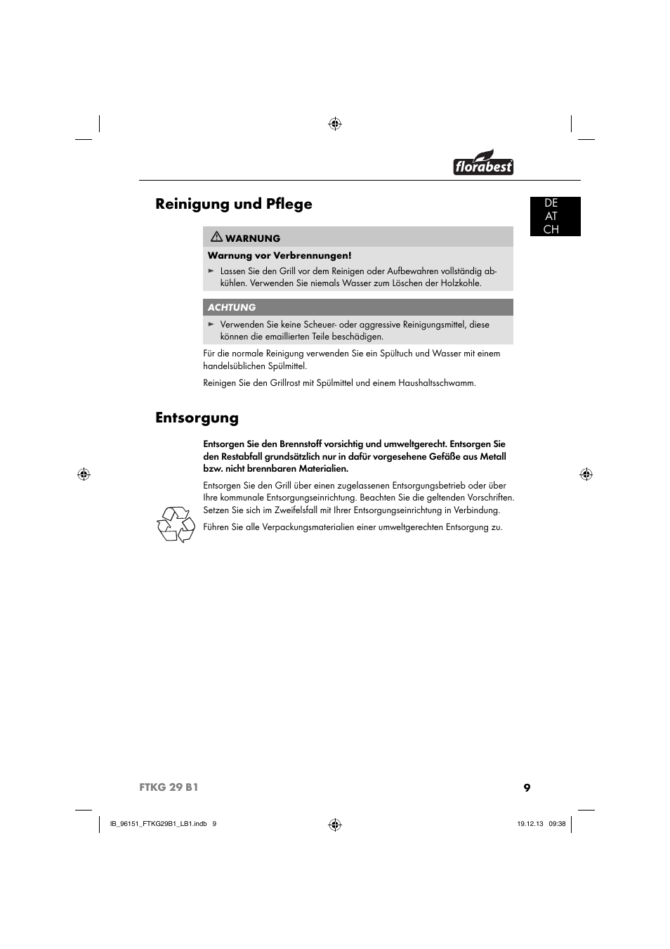 Reinigung und pﬂ ege, Entsorgung, De at ch | Florabest FTKG 29 B1 User Manual | Page 12 / 64