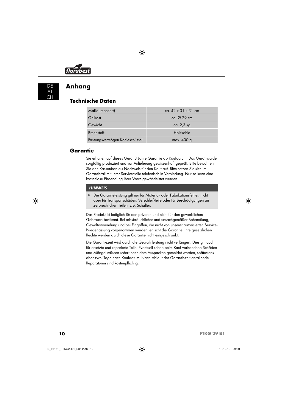 Anhang, Technische daten, Garantie | De at ch | Florabest FTKG 29 B1 User Manual | Page 13 / 64