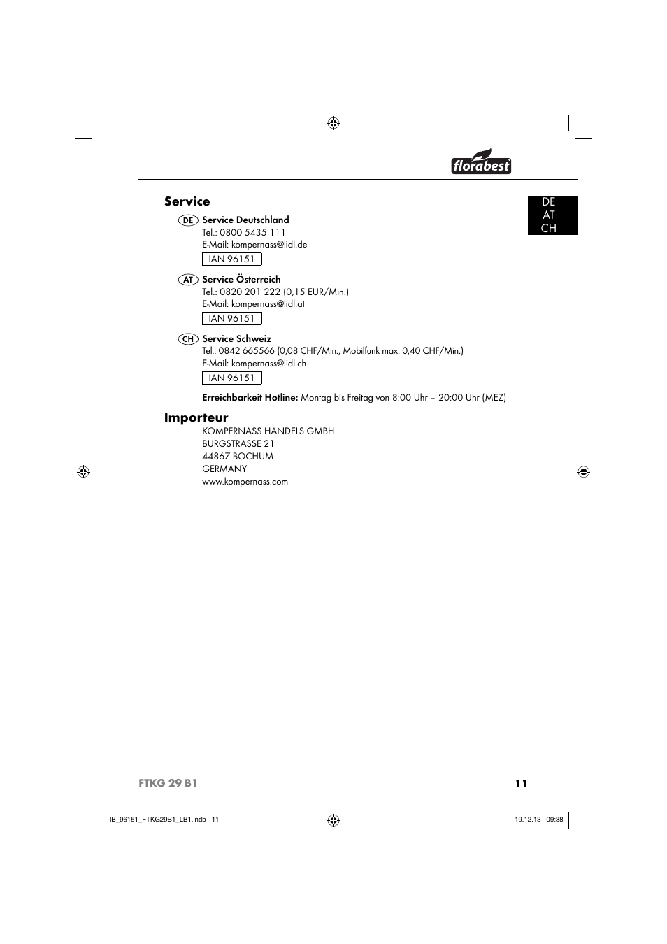 Service, Importeur, De at ch | Florabest FTKG 29 B1 User Manual | Page 14 / 64