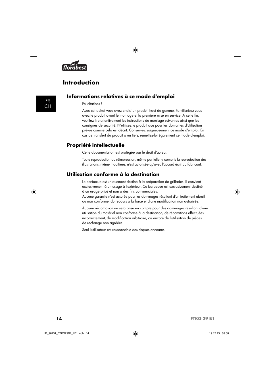 Introduction, Informations relatives à ce mode d'emploi, Propriété intellectuelle | Utilisation conforme à la destination | Florabest FTKG 29 B1 User Manual | Page 17 / 64