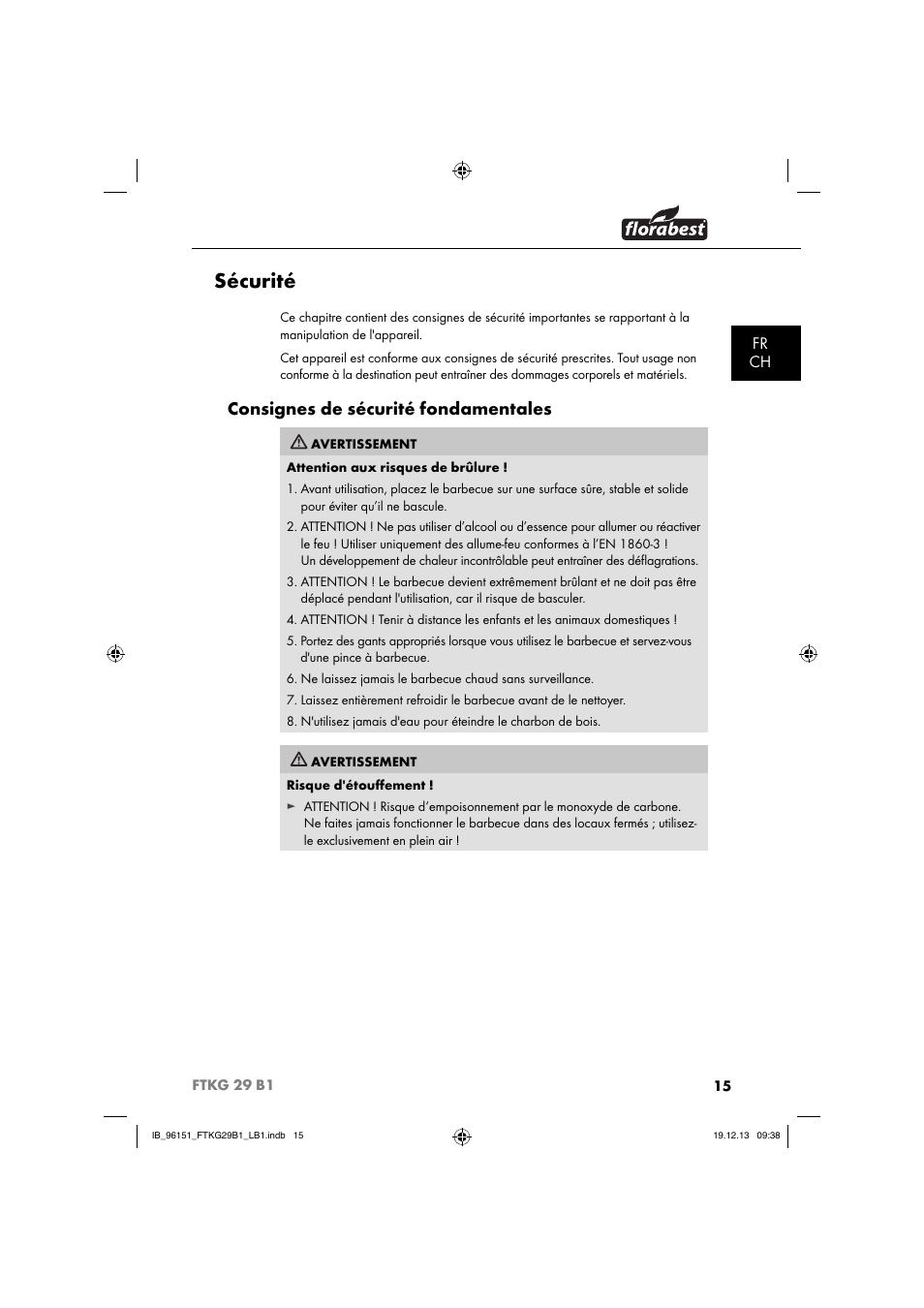 Sécurité, Consignes de sécurité fondamentales, Fr ch | Florabest FTKG 29 B1 User Manual | Page 18 / 64