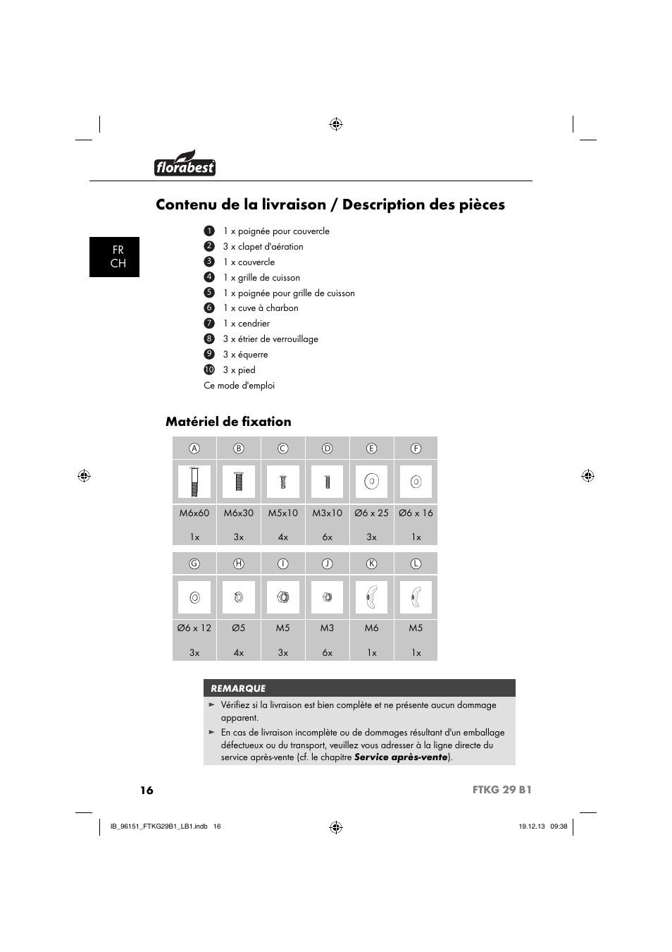 Contenu de la livraison / description des pièces, Matériel de ﬁ xation, Fr ch | Florabest FTKG 29 B1 User Manual | Page 19 / 64