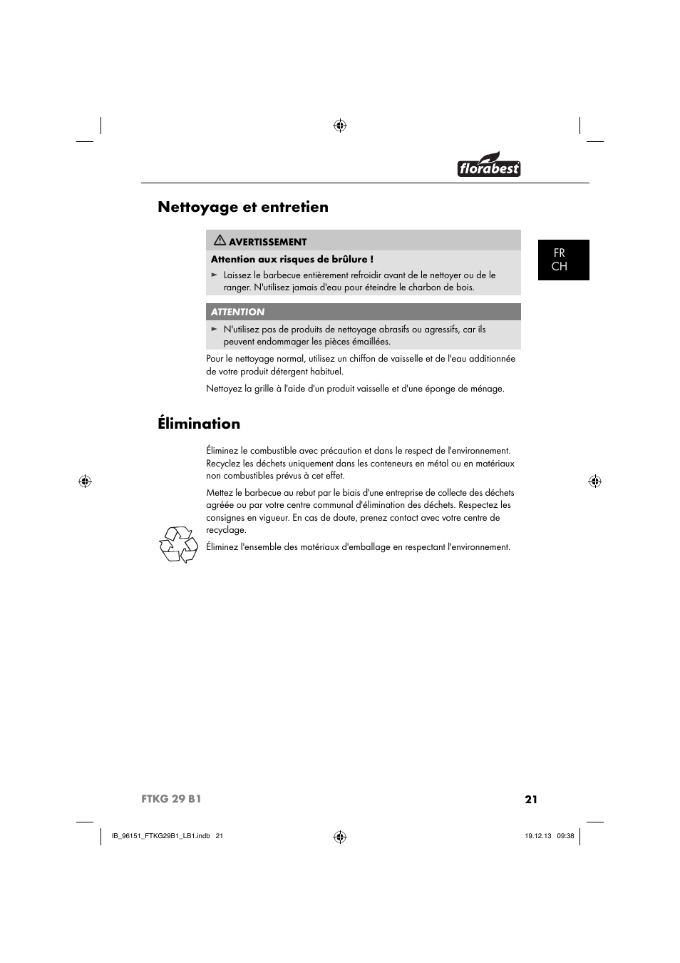Nettoyage et entretien, Élimination, Fr ch | Florabest FTKG 29 B1 User Manual | Page 24 / 64