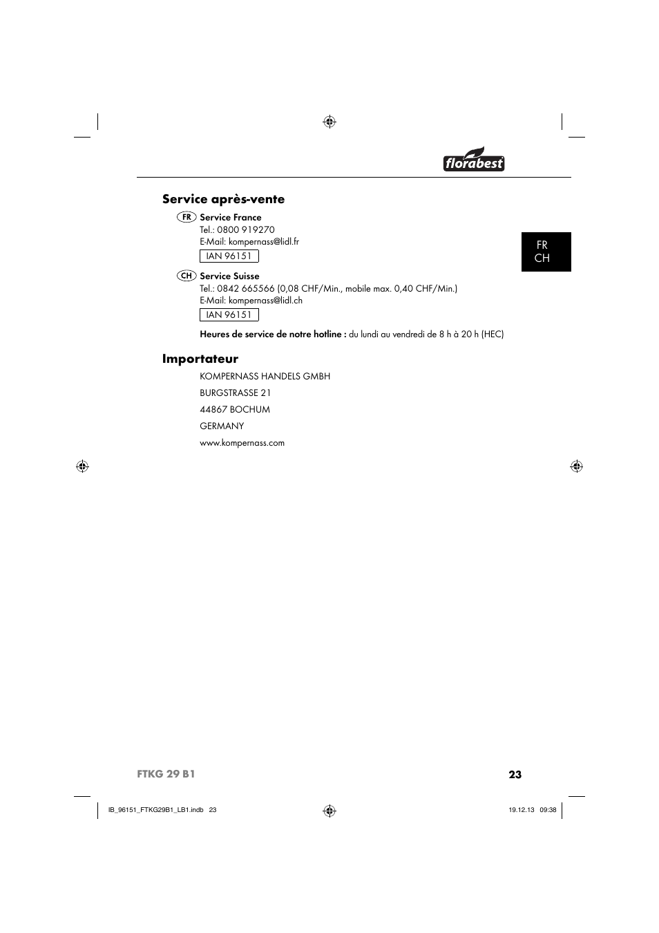 Service après-vente, Importateur, Fr ch | Florabest FTKG 29 B1 User Manual | Page 26 / 64