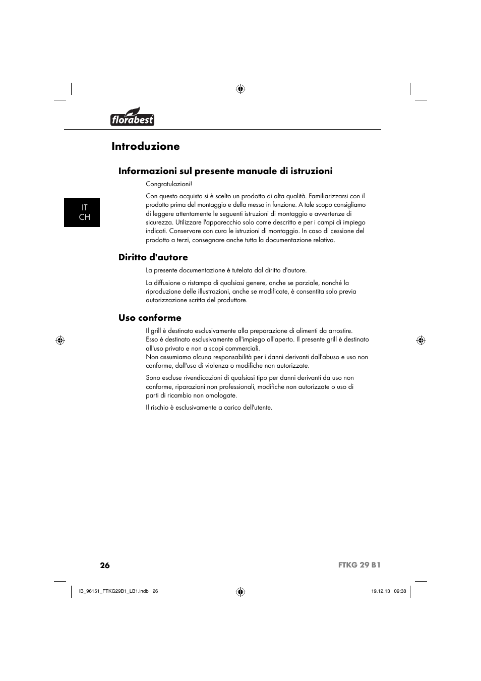 Introduzione, Informazioni sul presente manuale di istruzioni, Diritto d'autore | Uso conforme | Florabest FTKG 29 B1 User Manual | Page 29 / 64