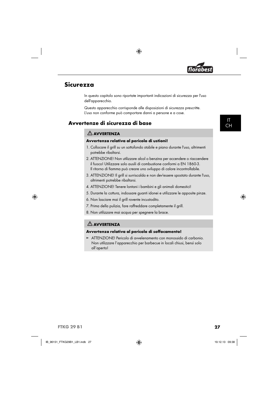 Sicurezza, Avvertenze di sicurezza di base, It ch | Florabest FTKG 29 B1 User Manual | Page 30 / 64