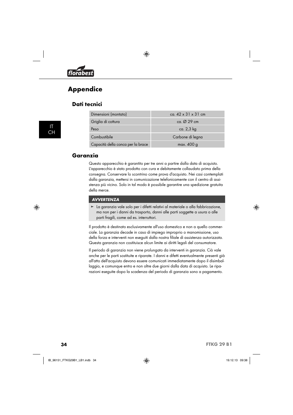Appendice, Dati tecnici, Garanzia | It ch | Florabest FTKG 29 B1 User Manual | Page 37 / 64