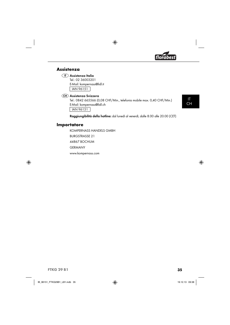Assistenza, Importatore, It ch | Florabest FTKG 29 B1 User Manual | Page 38 / 64