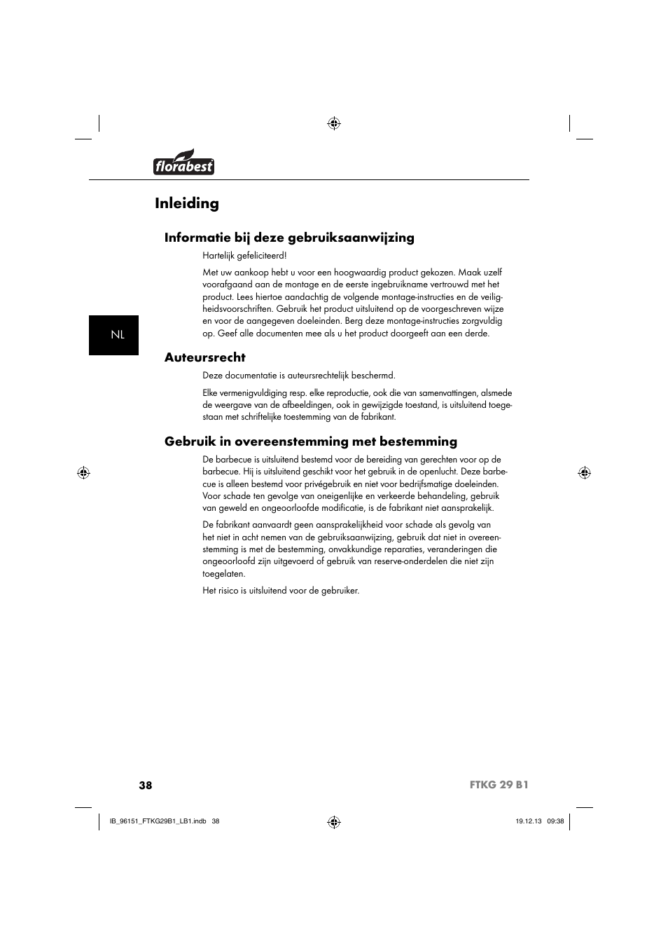 Inleiding, Informatie bij deze gebruiksaanwijzing, Auteursrecht | Gebruik in overeenstemming met bestemming | Florabest FTKG 29 B1 User Manual | Page 41 / 64