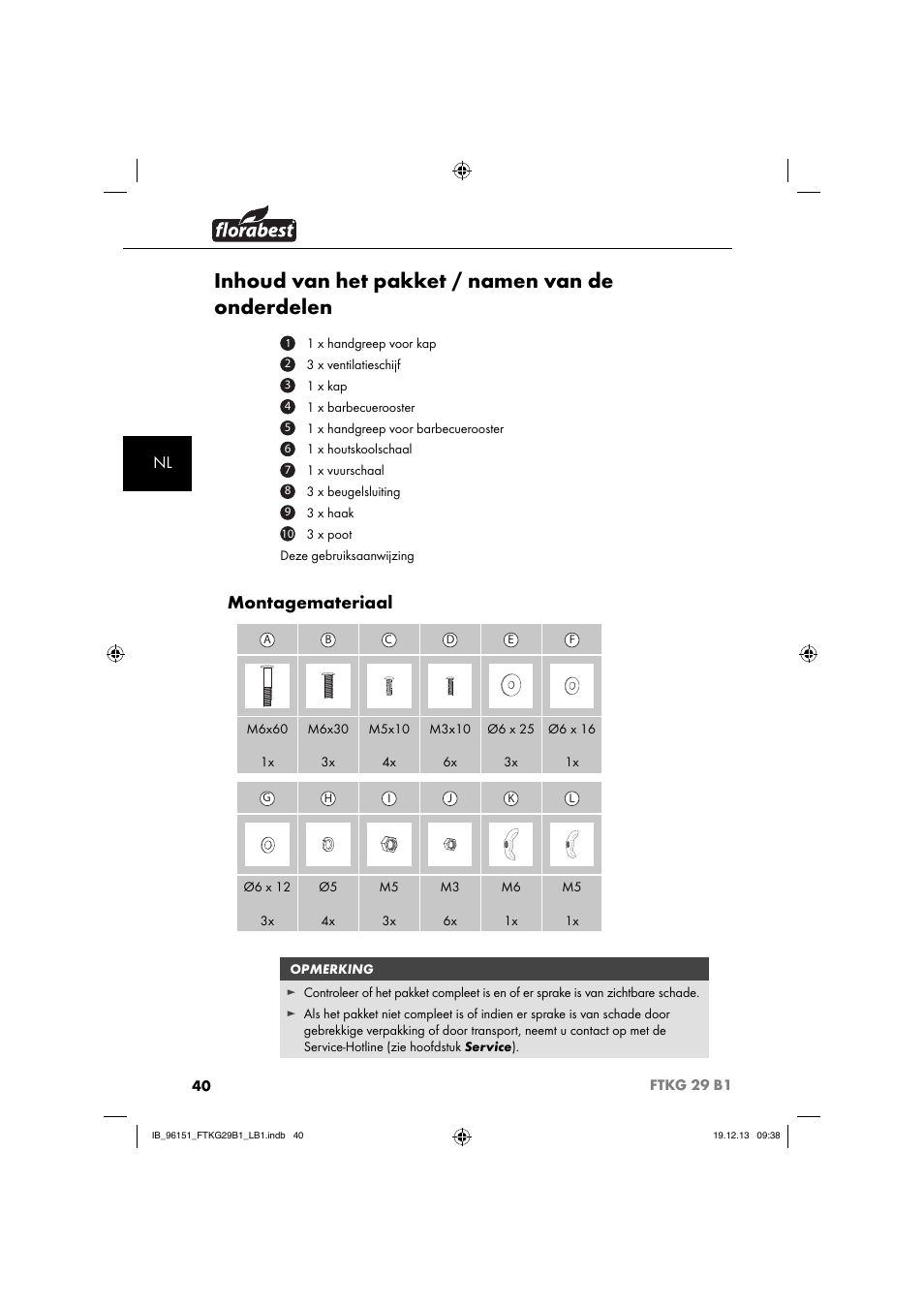 Inhoud van het pakket / namen van de onderdelen, Montagemateriaal | Florabest FTKG 29 B1 User Manual | Page 43 / 64