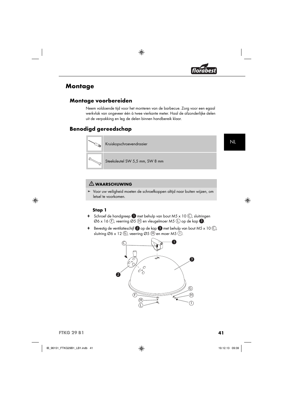 Montage, Montage voorbereiden, Benodigd gereedschap | Florabest FTKG 29 B1 User Manual | Page 44 / 64