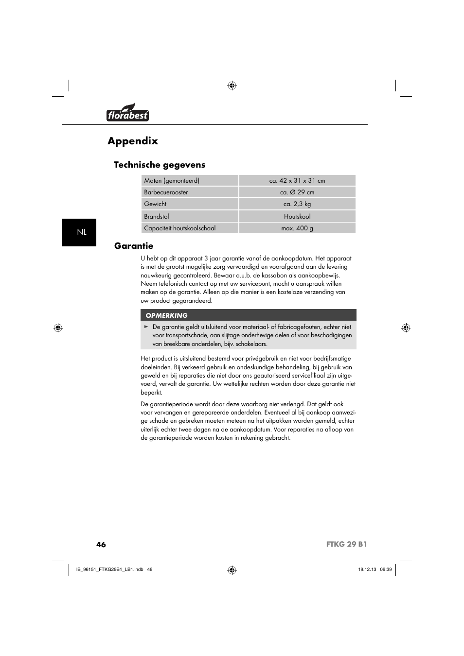 Appendix, Technische gegevens, Garantie | Florabest FTKG 29 B1 User Manual | Page 49 / 64