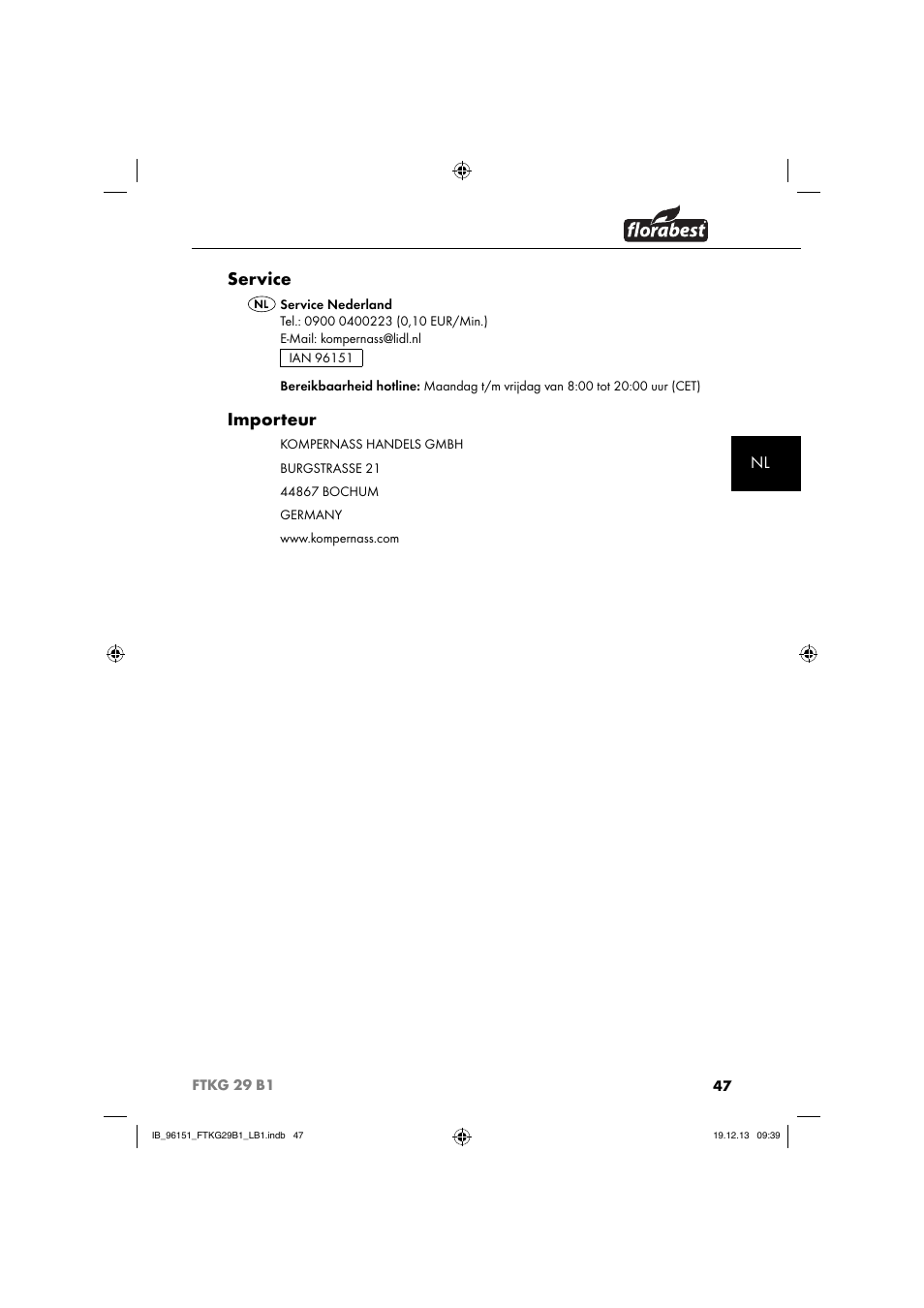 Service, Importeur | Florabest FTKG 29 B1 User Manual | Page 50 / 64