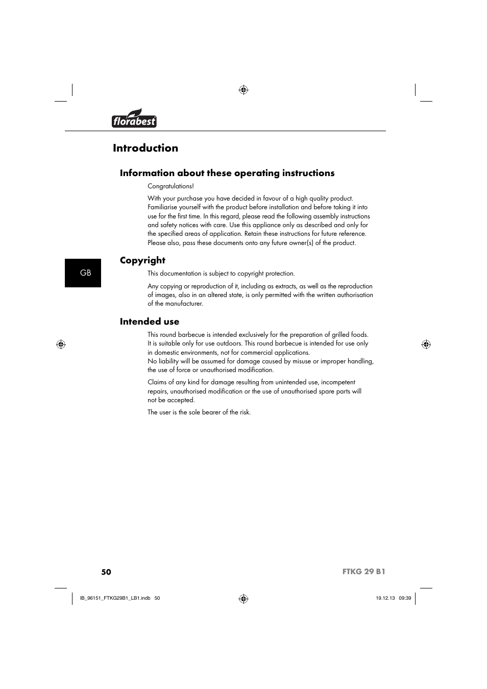 Introduction, Information about these operating instructions, Copyright | Intended use | Florabest FTKG 29 B1 User Manual | Page 53 / 64
