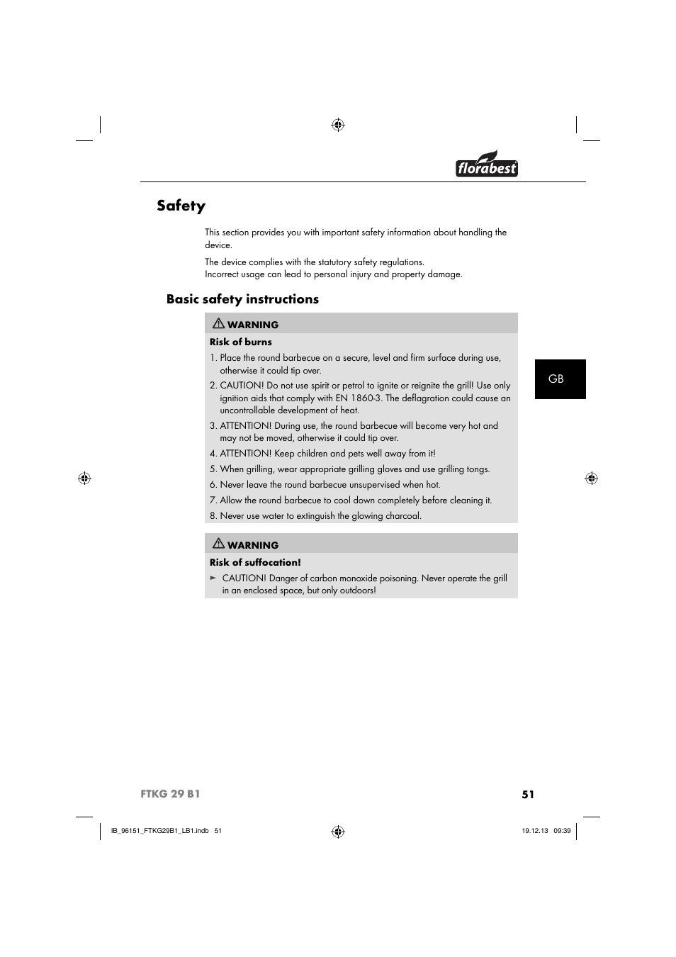 Safety, Basic safety instructions | Florabest FTKG 29 B1 User Manual | Page 54 / 64