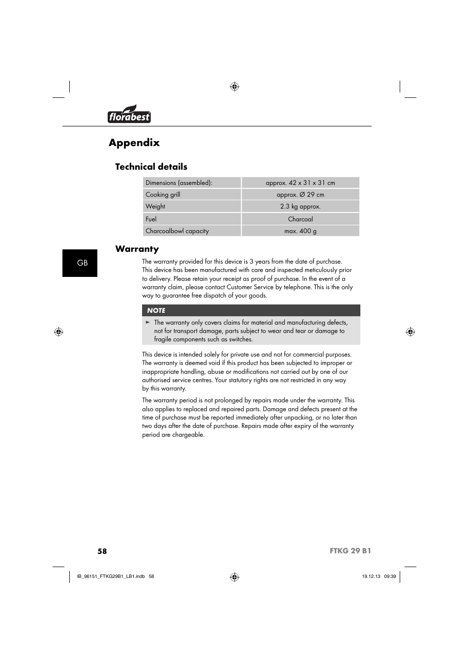 Appendix, Technical details, Warranty | Florabest FTKG 29 B1 User Manual | Page 61 / 64