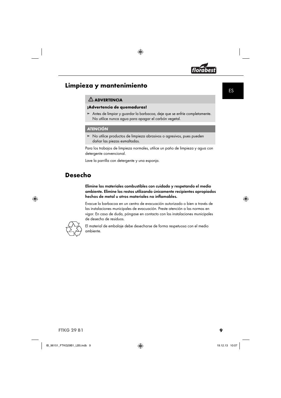 Limpieza y mantenimiento, Desecho | Florabest FTKG 29 B1 User Manual | Page 12 / 52