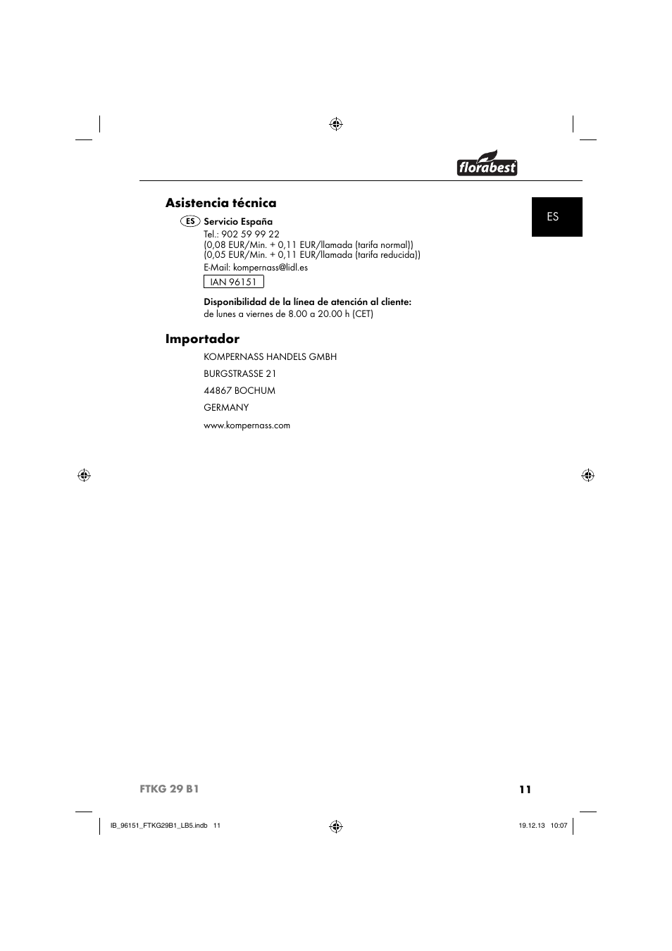 Asistencia técnica, Importador | Florabest FTKG 29 B1 User Manual | Page 14 / 52