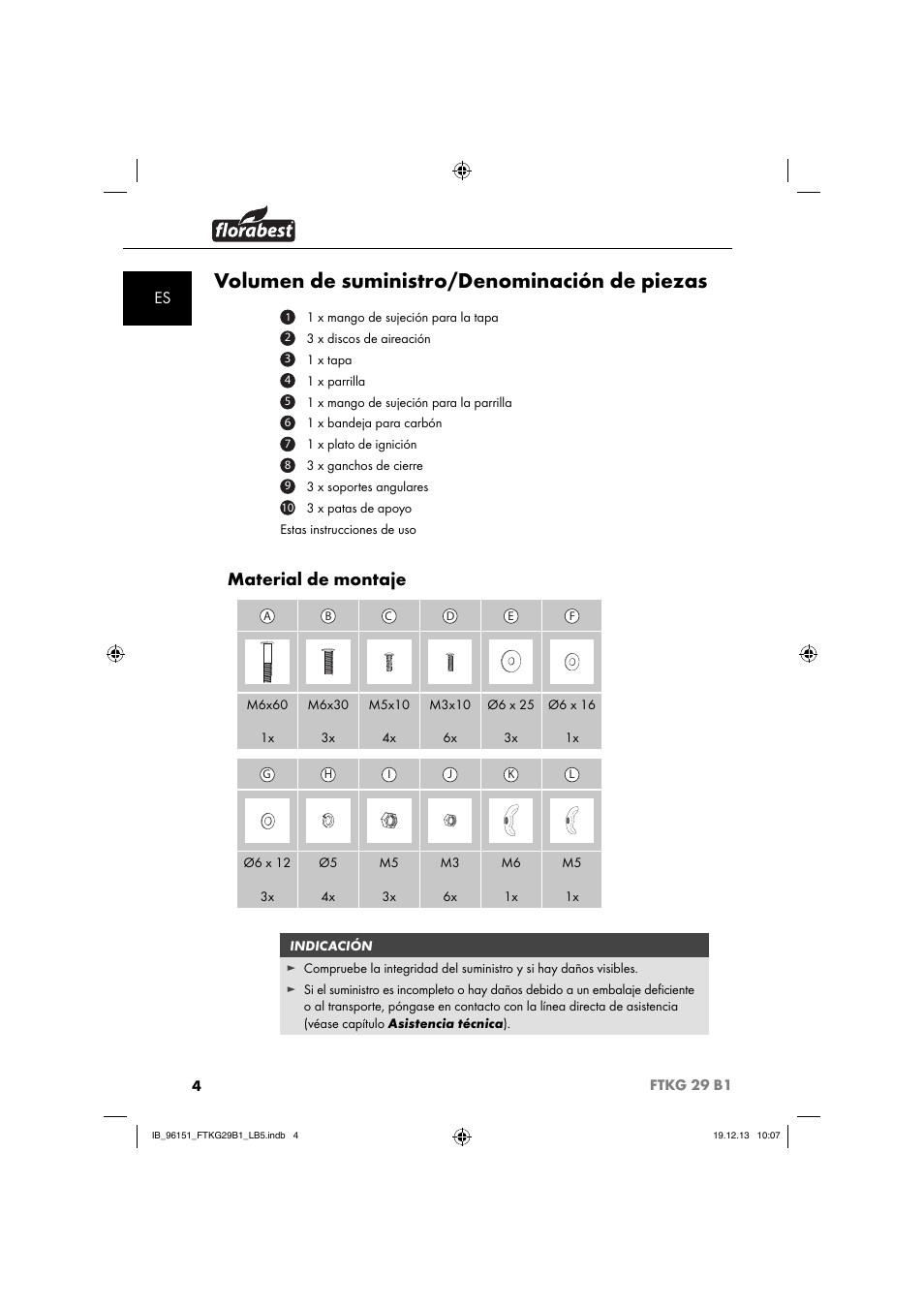 Volumen de suministro/denominación de piezas, Material de montaje | Florabest FTKG 29 B1 User Manual | Page 7 / 52