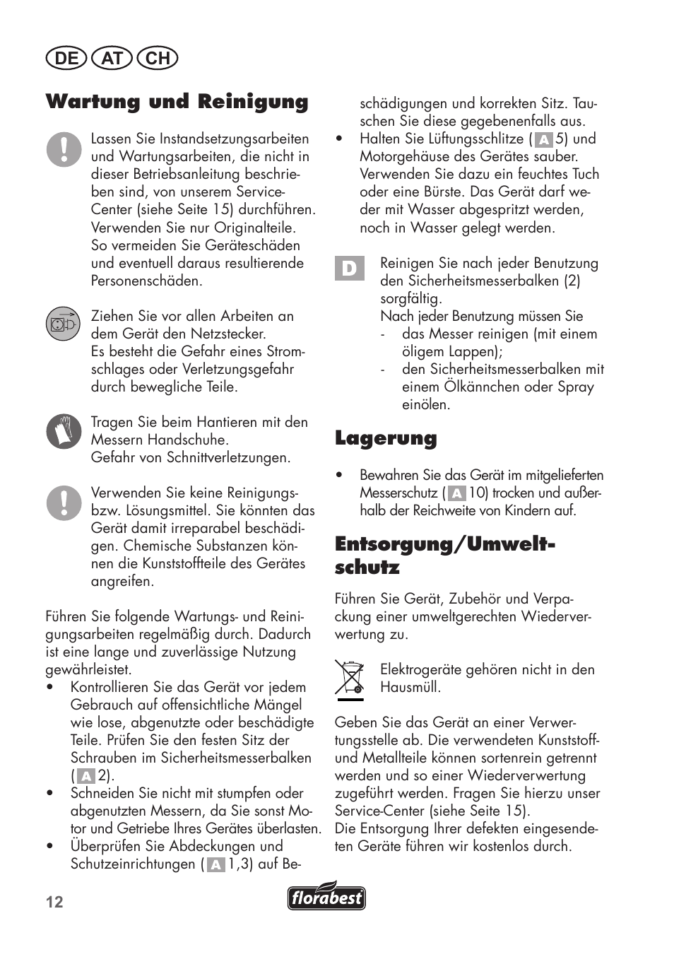 Wartung und reinigung, Lagerung, Entsorgung/umwelt- schutz | De at ch | Florabest FHT 600 B2 User Manual | Page 12 / 54