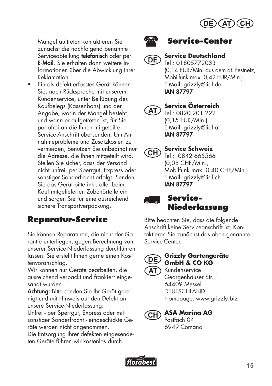 Reparatur-service, Service-center, Service- niederlassung | De at ch, De at at ch ch | Florabest FHT 600 B2 User Manual | Page 15 / 54