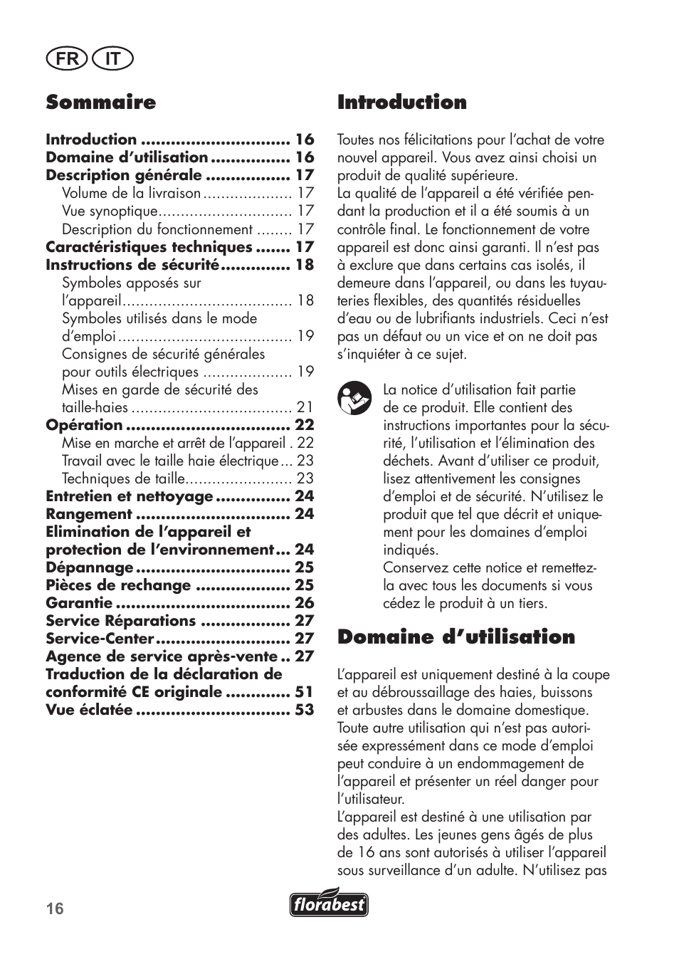 Introduction, Domaine d’utilisation, Sommaire | Fr it | Florabest FHT 600 B2 User Manual | Page 16 / 54