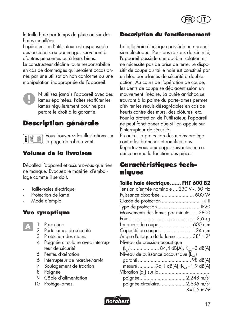 Description générale, Caractéristiques tech- niques, It fr | Florabest FHT 600 B2 User Manual | Page 17 / 54