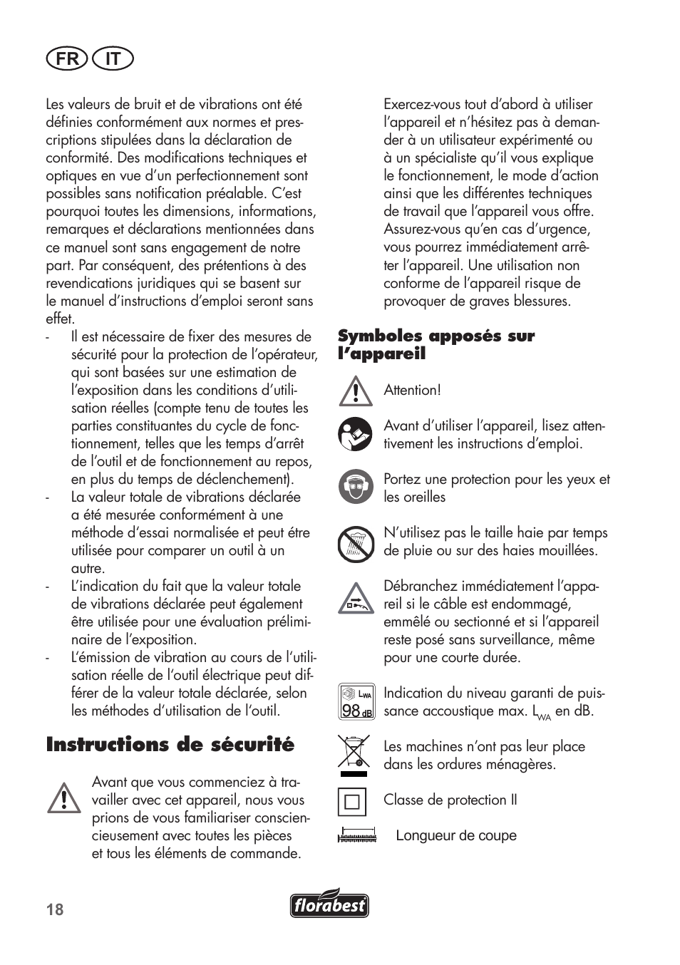 Instructions de sécurité, Fr it | Florabest FHT 600 B2 User Manual | Page 18 / 54