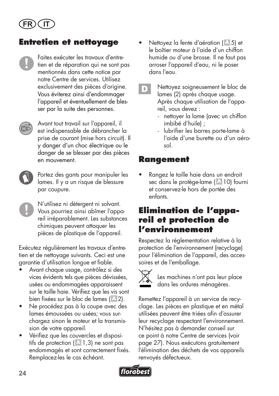 Entretien et nettoyage, Rangement, Fr it | Florabest FHT 600 B2 User Manual | Page 24 / 54
