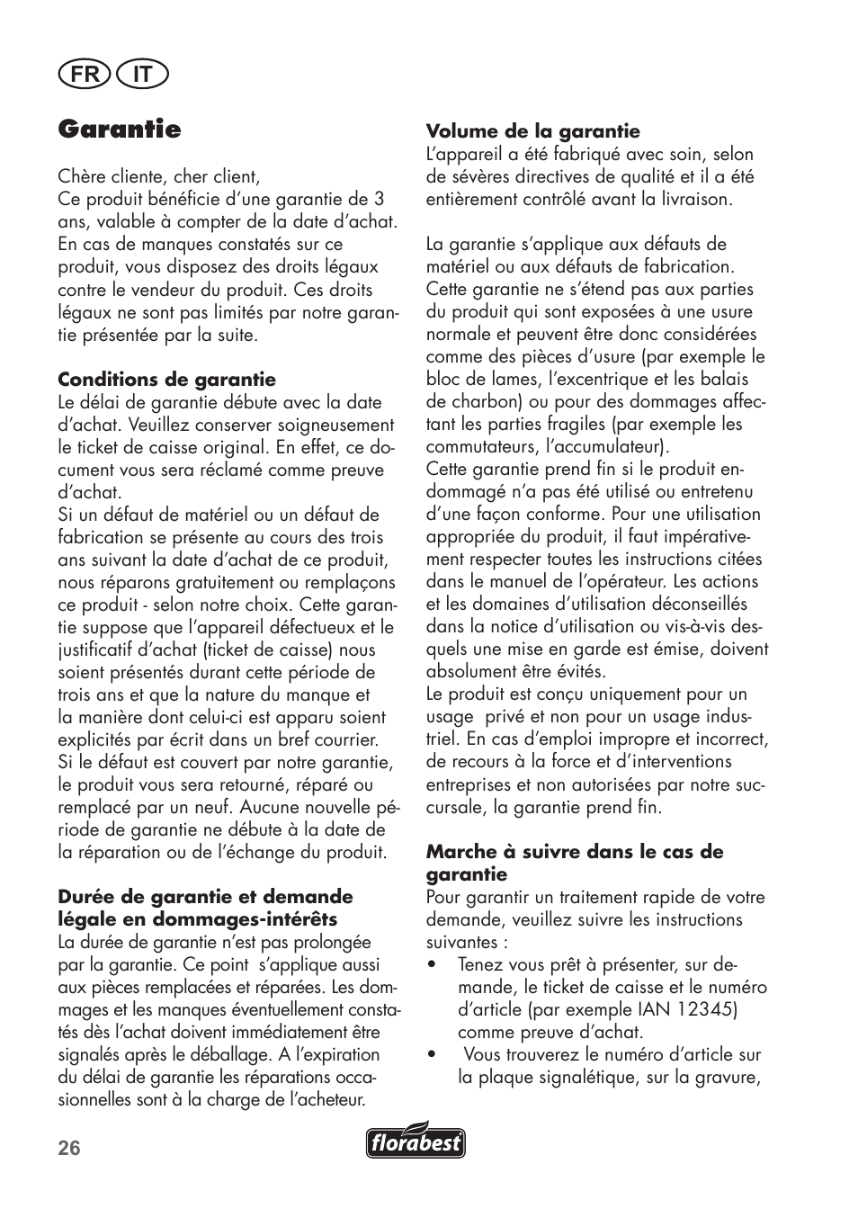 Garantie, Fr it | Florabest FHT 600 B2 User Manual | Page 26 / 54