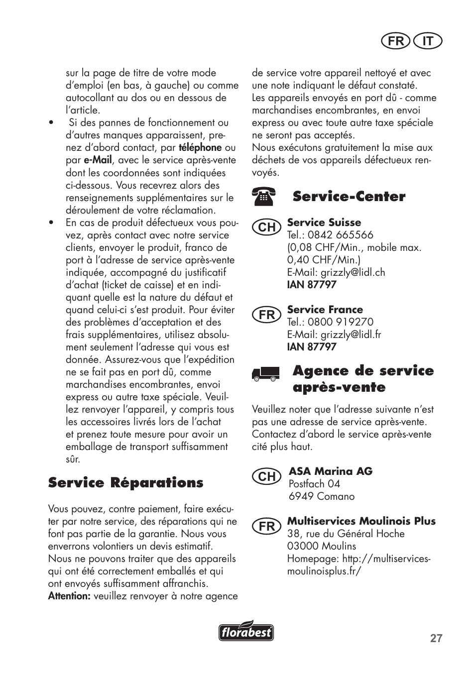 Service réparations, Service-center, Agence de service après-vente | It fr, Ch fr fr | Florabest FHT 600 B2 User Manual | Page 27 / 54