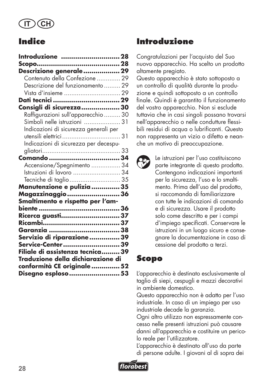 Introduzione, Scopo, Indice | It ch | Florabest FHT 600 B2 User Manual | Page 28 / 54