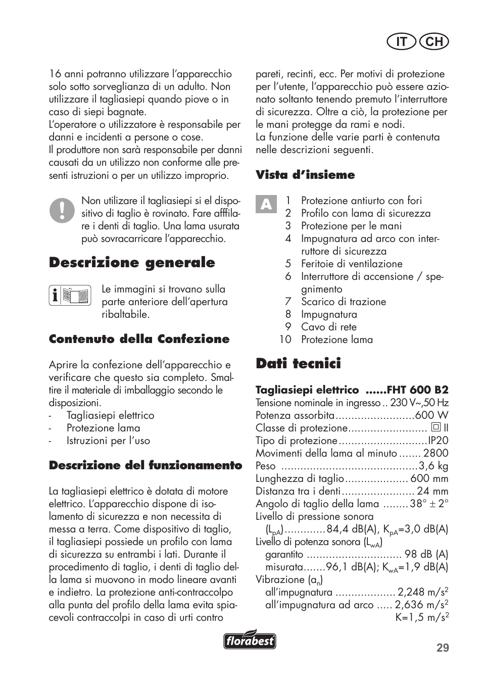 Descrizione generale, Dati tecnici, It ch | Florabest FHT 600 B2 User Manual | Page 29 / 54