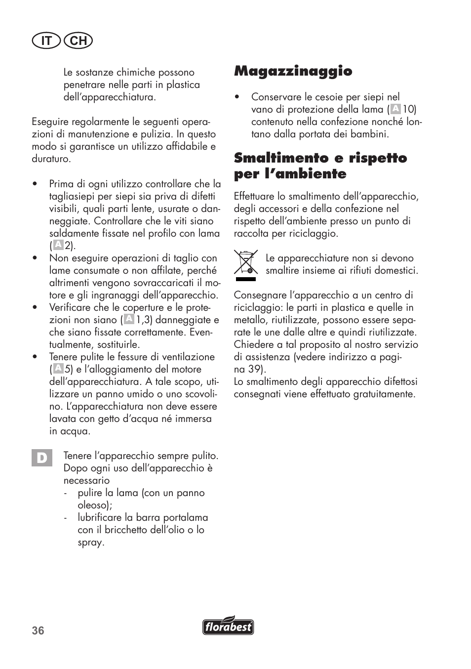 Magazzinaggio, Smaltimento e rispetto per l’ambiente, It ch | Florabest FHT 600 B2 User Manual | Page 36 / 54